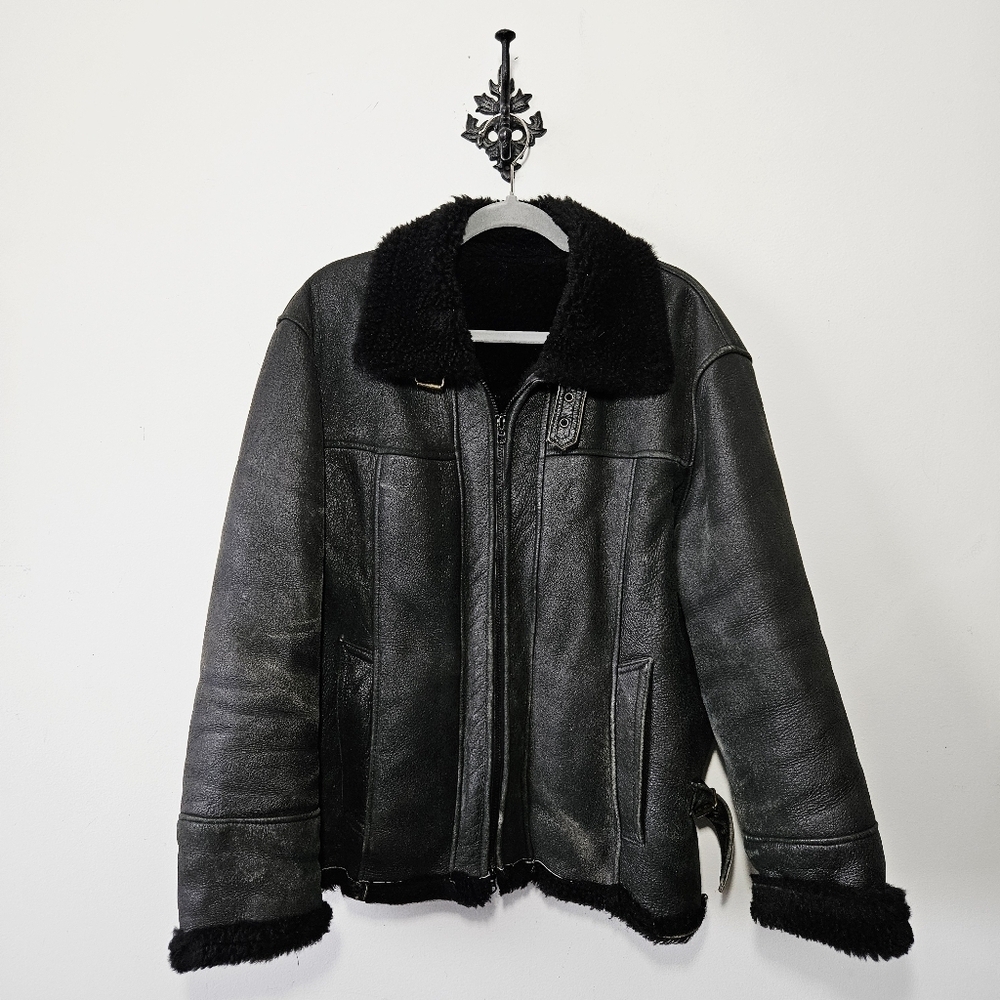 Vintage Shearling Aviator Jacket Mens Size S Black Leather Moto